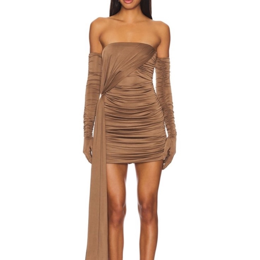 Brown Strapless Asymmetrical Ruched Cocktail Dress
